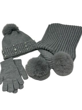 3 Piece Cozy Gray Pom Pom Hat, Scarf & Glove Set with Rhinestone Detail